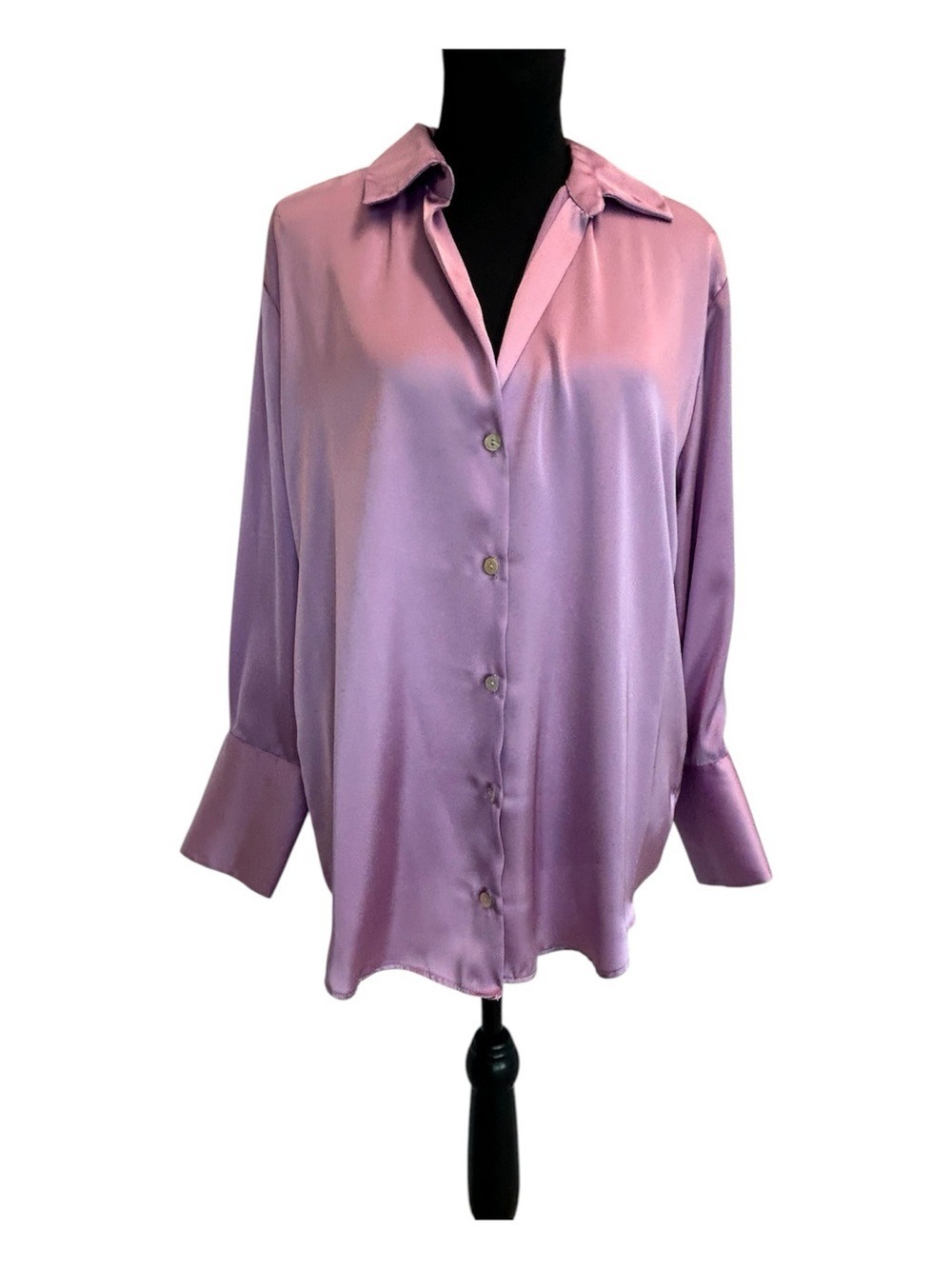 Zara Lilac Lavender Purple Satin Button-Front Shirt Women's Blouse Sz M